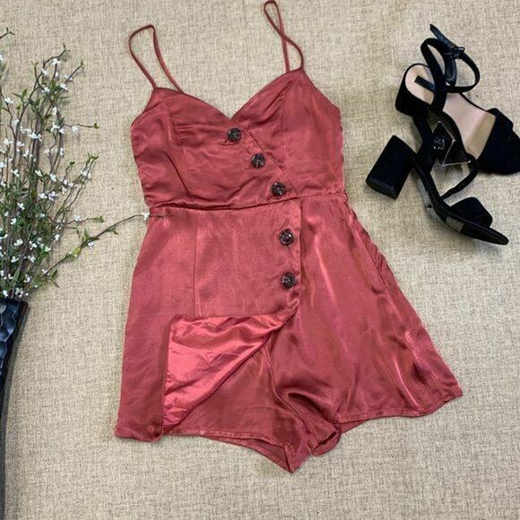 Pacsun LA Hearts copper satin asymmetrical button wrap romper coral jumpsuit XS - Picture 4 of 13